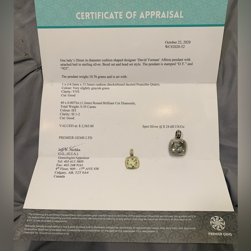 David Yurman Silver Albion 20mm Prasiolite Diamond Pendant Enhancer